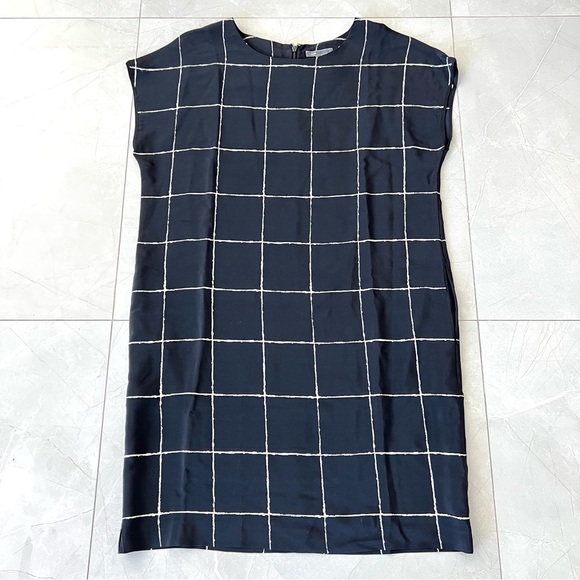 VINCE 100% Silk Black White Windowpane Print Side Pockets Mini Shift Dress Sz M - Picture 10 of 15